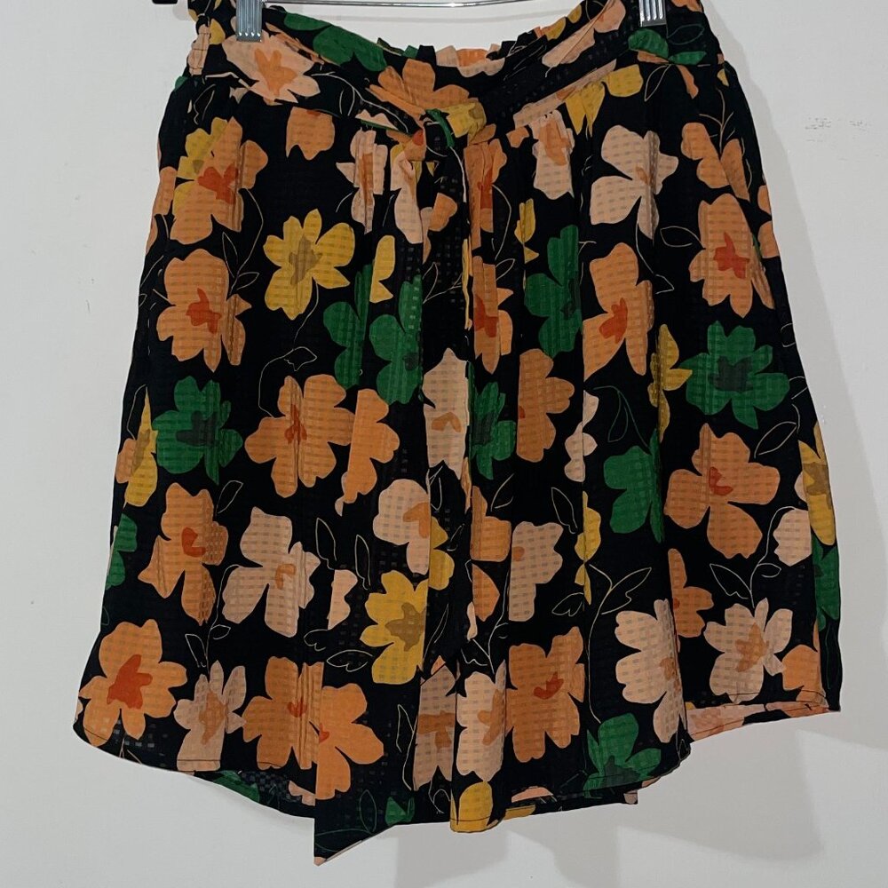 Who What Wear Black Orange Peach Gold Yellow Floral‎ Elastic Waist Skirt Size XS